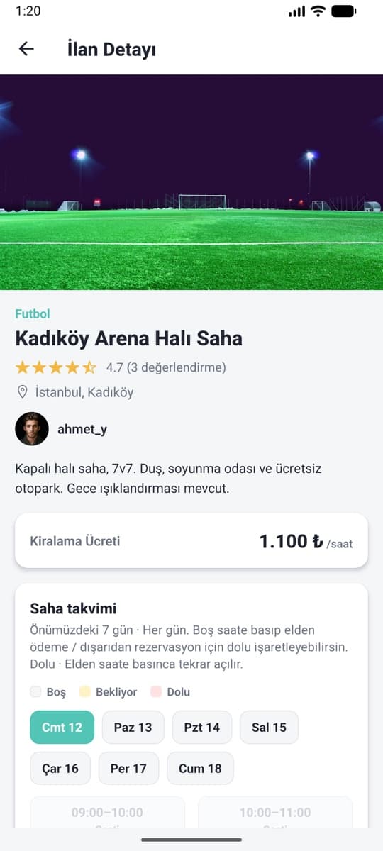 Sportifly saha ilanı ve kiralama ekranı